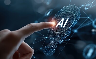 Aufkleber - Businessman touching ai symbol, activating artificial intelligence in futuristic digital data network