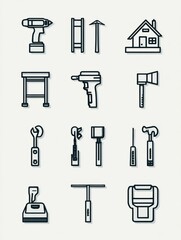 Leinwandbilder - Stylized Minimalist Icon Set Showcasing Various Construction Tools in a Light-Centered Design for Modern Design Projects