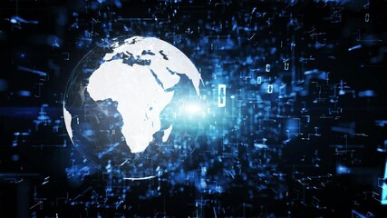 Wall Mural - concept glowing blue digital technology computer data with earth planet loop animation.