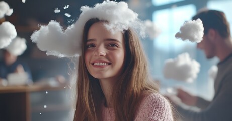 A caucasian businesswoman in an office is depicted with cloud icons and a percentage indicating growth