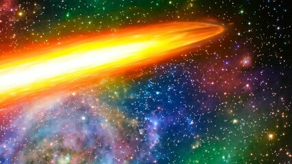 Vivid cosmos illustration with bright streak of light and nebulae in shades of pink, blue, green and orange creating a vibrant outer space scene