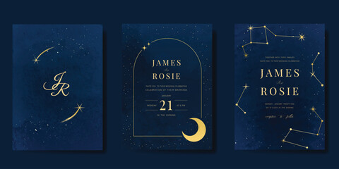 Wall Mural - Luxury wedding card design vector set. Elegant invitation card with little star moon sun meteor and space decoration on navy blue background. Design illustration for cover, poster, gala.