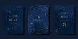 © babeer - Luxury wedding card design vector set. Elegant invitation card with little star moon sun meteor and space decoration on navy blue background. Design illustration for cover, poster, gala.