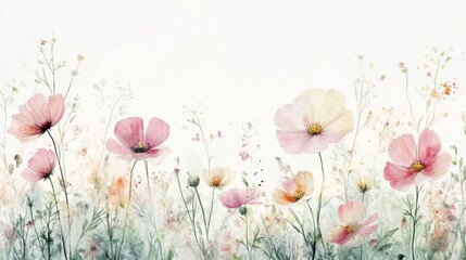 Wall Mural - Beautiful seamless floral water color pattern Set, watercolor wild flowers, leaves and grass,Collection botanic garden elements, isolated illustration in rustic or vintage style,copy space.