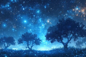 Wall Mural - night sky star above field of trees. blue dark sky with many sparkling stars