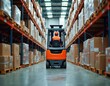 © Pete - Warehouse worker operates forklift moving pallets. Warehouse storage facility filled boxes shelves. Industrial logistic infrastructure. Operator in orange vest drives cargo. Transportation