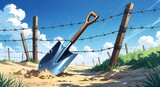 Broken shovel blade stuck in sand next to barbed wire fences anime cartoon illustration design