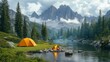 © muhammad - Mountain campsite with tent, campfire, lake reflecting scenery