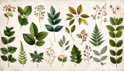 Poster - Botanical leaves and flowers are isolated on a bright background today.