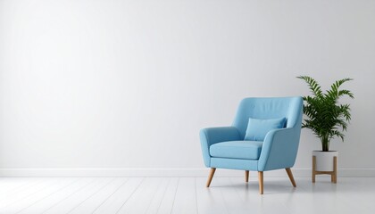 Poster - A light blue armchair sits next to a potted plant in a minimalist room.