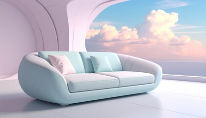 Poster - A light blue sofa sits in a modern room with a view of clouds outside.
