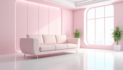 Poster - A light pink sofa sits in a minimalist room with large window and plants.