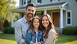 © Pete - Happy family stands in front of new home. Parents, daughter smile at camera, family in new house, real estate, relocation, residential. Smiling people near suburban building, housing purchase concept.
