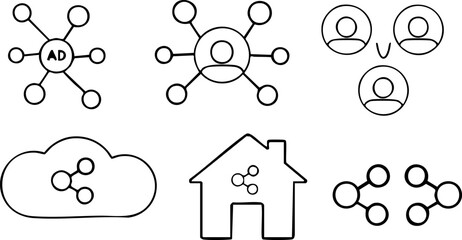 Minimalist network and social connection icons – line style cloud, home sharing, user hub, communication, and data linking symbols