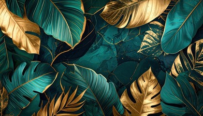 Poster - Lush tropical foliage design in vibrant teal and shimme golden hues.