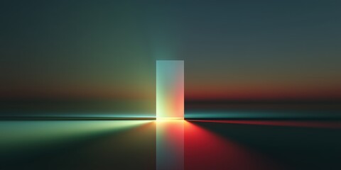 Wall Mural - 3d abstract wallpaper with a vertical rgb gradient beam casting multicolored reflections over a calm