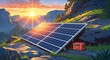 © Earl - Solar charging panel laid on a rock in full morning sun anime cartoon illustration design