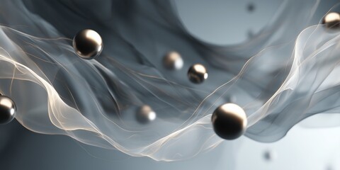 Wall Mural - smooth waves of black and white vapor interlacing with chrome orbs suspended in air on a soft gray a