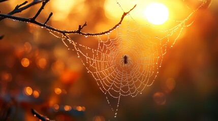 A spider waits centered in its dew-covered web, sun behind it