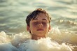 © Oleksandr - Surf Beach. Boy Enjoying the Waves with Closed Eyes at Beach under Blue Sky