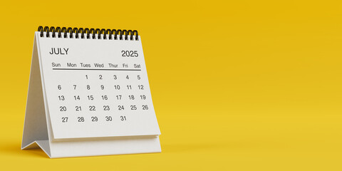 Fototapete - White Desk Monthly July 2025 Business Calendar. 3d Rendering
