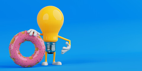 Poster - Sweet Idea Concept. Light Bulb Character Holding Pink Glazed Donut With Sprinkles. 3d Rendering