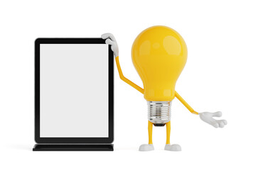 Poster - Technology And Presentation Concept. Yellow Cartoon Light Bulb Character Standing Next To Blank Digital Touchscreen Kiosk. 3d Rendering