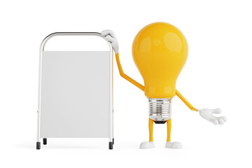Leinwandbilder - Advertising And Presentation Concept. Yellow Cartoon Light Bulb Character Standing Next To Blank A Frame Signboard. 3d Rendering