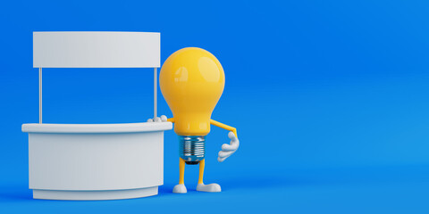Aufkleber - Promotion And Marketing Concept. Yellow Cartoon Light Bulb Character Standing Next To Blank Trade Show Booth. 3d Rendering