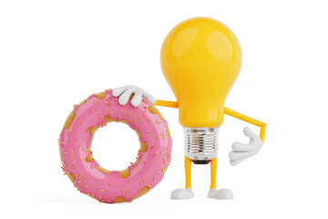 Poster - Sweet Idea Concept. Light Bulb Character Holding Pink Glazed Donut With Sprinkles. 3d Rendering