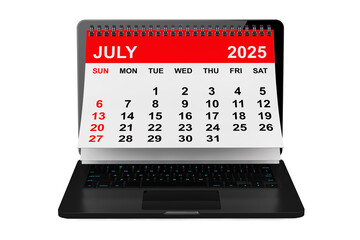 Poster - 2025 year calendar. July calendar over laptop screen. 3d rendering