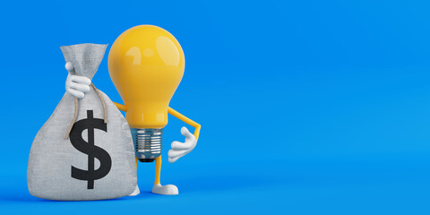 Poster - Investment And Profit Idea. Yellow Light Bulb Character Holding Money Bag With Dollar Symbol. 3d Rendering