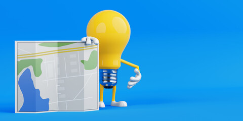 Aufkleber - Navigation And Travel Concept. Yellow Light Bulb Character Holding Folded City Map With Streets And Landmarks. 3d Rendering