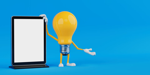 Leinwandbilder - Technology And Presentation Concept. Yellow Cartoon Light Bulb Character Standing Next To Blank Digital Touchscreen Kiosk. 3d Rendering