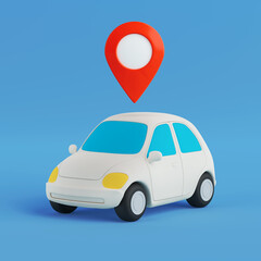 Fototapete - Navigation And Transport Concept. White Cartoon Car With Red Map Pointer Pin. 3d Rendering