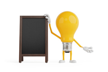 Aufkleber - Presentation And Announcement Concept. Yellow Cartoon Light Bulb Character Standing Beside Blank Black Chalkboard. 3d Rendering