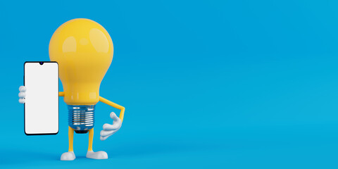 Poster - Mobile Technology Concept. Yellow Cartoon Light Bulb Character Holding Smartphone With Blank Screen. 3d Rendering
