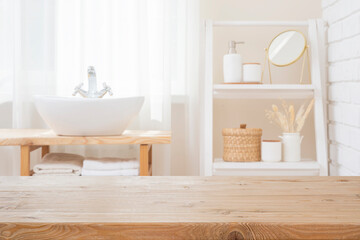 Wall Mural - empty wooden texture table top for product showing on blurred curtained bathroom window interior, si