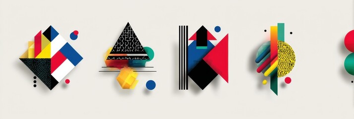 Fototapete - Colorful Geometric Sticker Designs Creatively Arranged on a Neutral Background With Ample Free Space in the Upper Third for Additional Elements