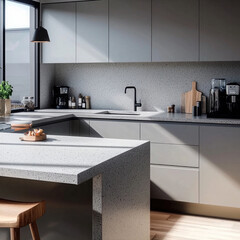 Poster - Modern kitchen with clean lines, light gray cabinets, minimalist decor, and natural sunlight creates calm atmosphere