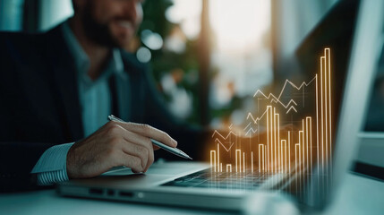 Poster - Businessman laptop graph data analysis finance technology office success growth digital professional modern