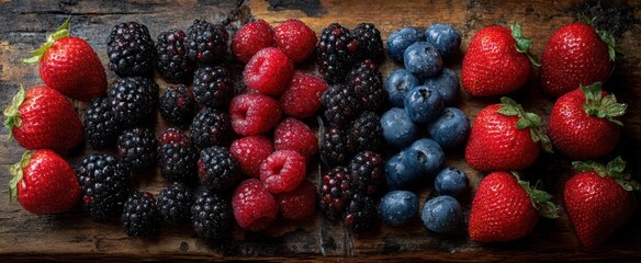 Wall Mural - The vibrant arrangement of mixed berries on rustic wooden background.