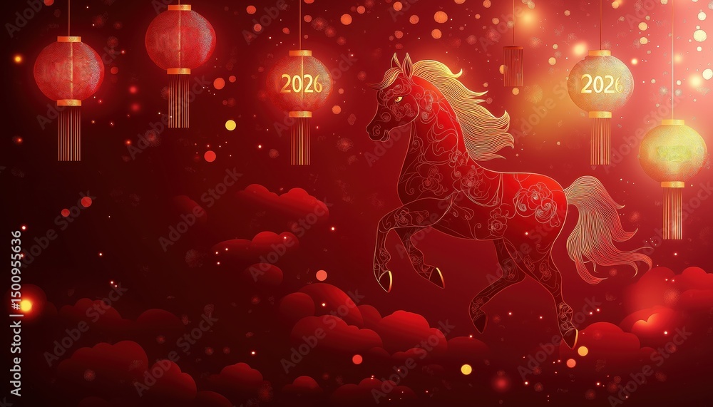 Chinese New Year 2026 Year of the Horse Illustration with Festive ...