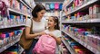 © rdkcho - Happy mother and daughter shopping for school supplies and a pink backpack in a stationery store