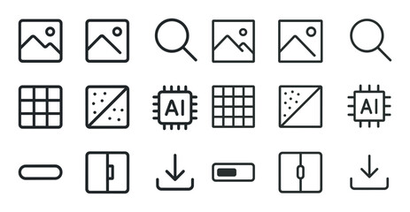 Technology and computing outline icons set – grid, chip, digital symbols