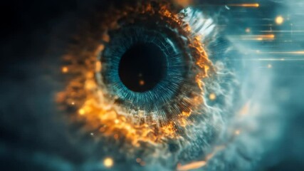 Wall Mural - Close-Up of a Fiery Human Eye with Digital and Futuristic Visual Effects in Motion.