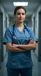 © ArtMajestic - Young caucasian woman medical worker in blue scrubs with stethoscope standing with arms crossed in hospital hallway. Determined healthcare professional in clinical environment during night shift