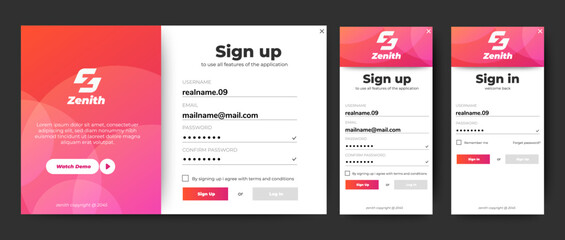 Wall Mural - profesional sign up and sign in form page set. web landing page and mobile app. vector
