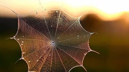 Delicate spiderweb glistening with dew drops, illuminated by soft golden sunlight, nature's beauty and intricate design, soft focus