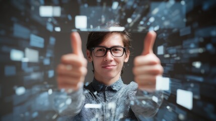 Young Man Shows Thumbs Up Approving Digital Interface Data Technology